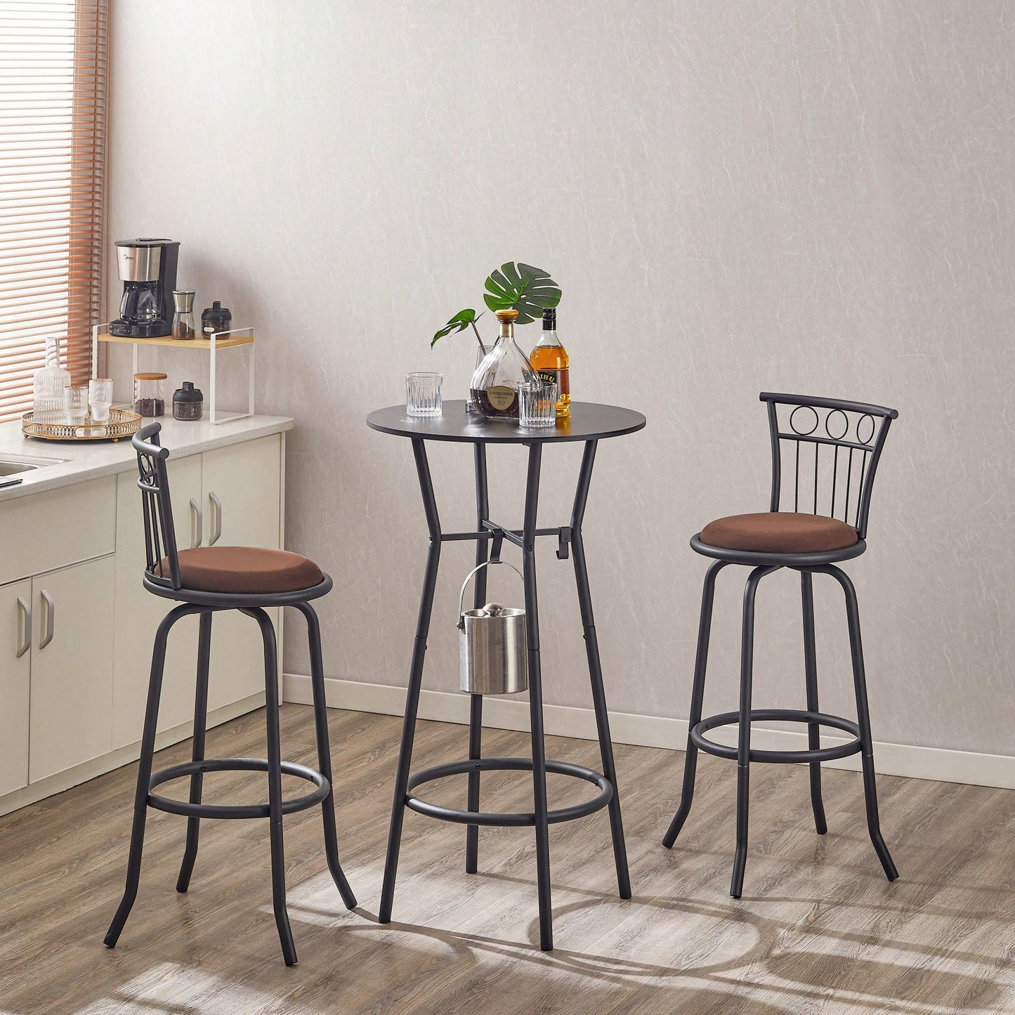 Industrial Counter Height Dining Set With 3 Bar Chairs Metal Back And Fabric Seat