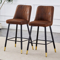 Two-Tone PU Bar Stools Set Of 2 Brown And Light Gray With Gold Decorated Legs And Black Metal Base