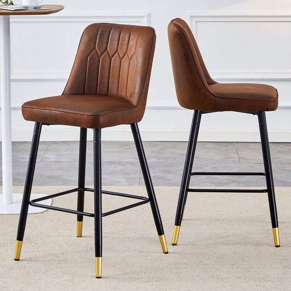 Two-Tone PU Bar Stools Set Of 2 Brown And Light Gray With Gold Decorated Legs And Black Metal Base