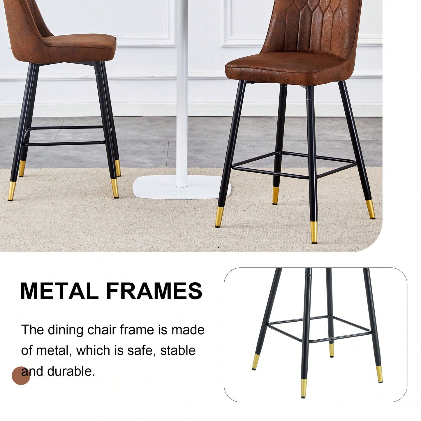 Two-Tone PU Bar Stools Set Of 2 Brown And Light Gray With Gold Decorated Legs And Black Metal Base