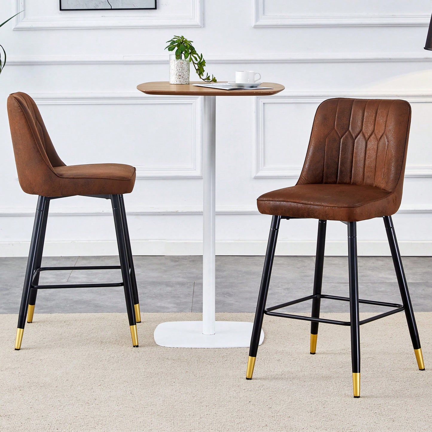 Two-Tone PU Bar Stools Set Of 2 Brown And Light Gray With Gold Decorated Legs And Black Metal Base