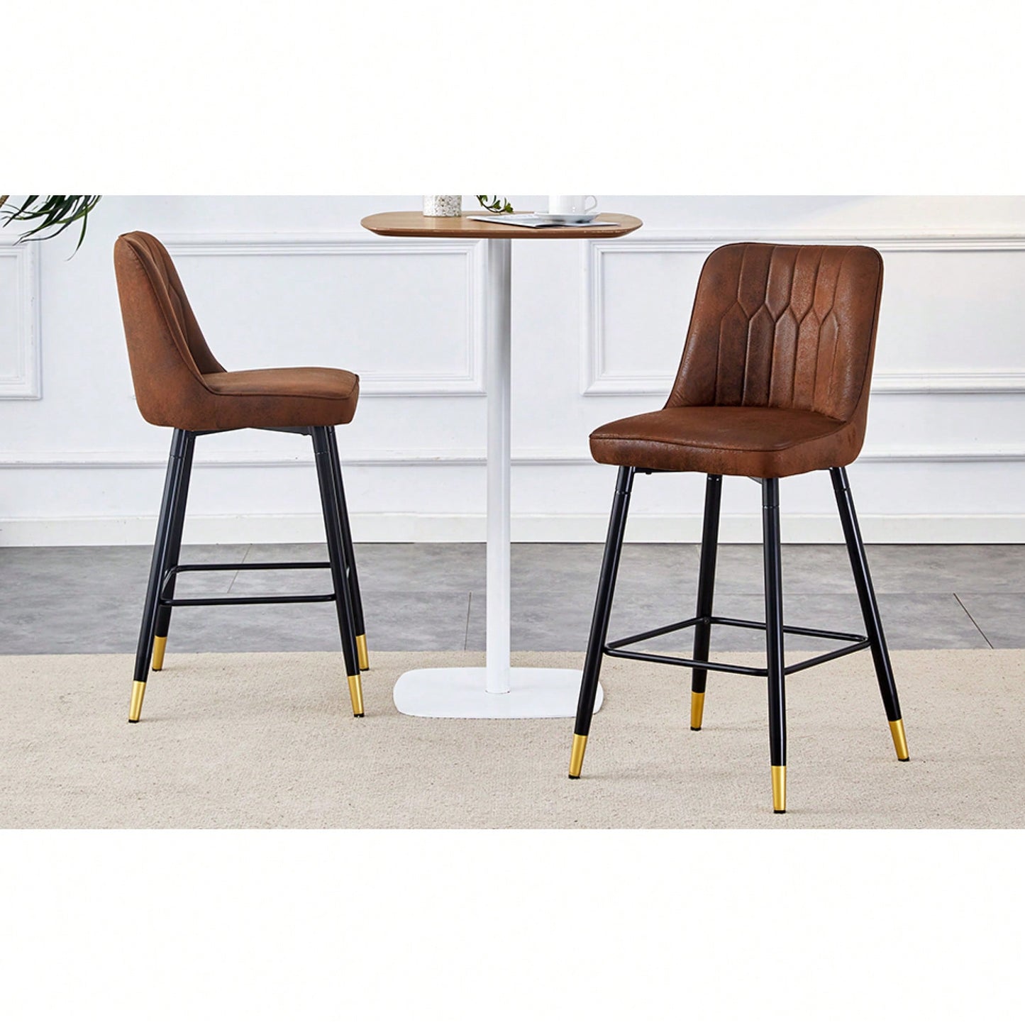 Two-Tone PU Bar Stools Set Of 2 Brown And Light Gray With Gold Decorated Legs And Black Metal Base