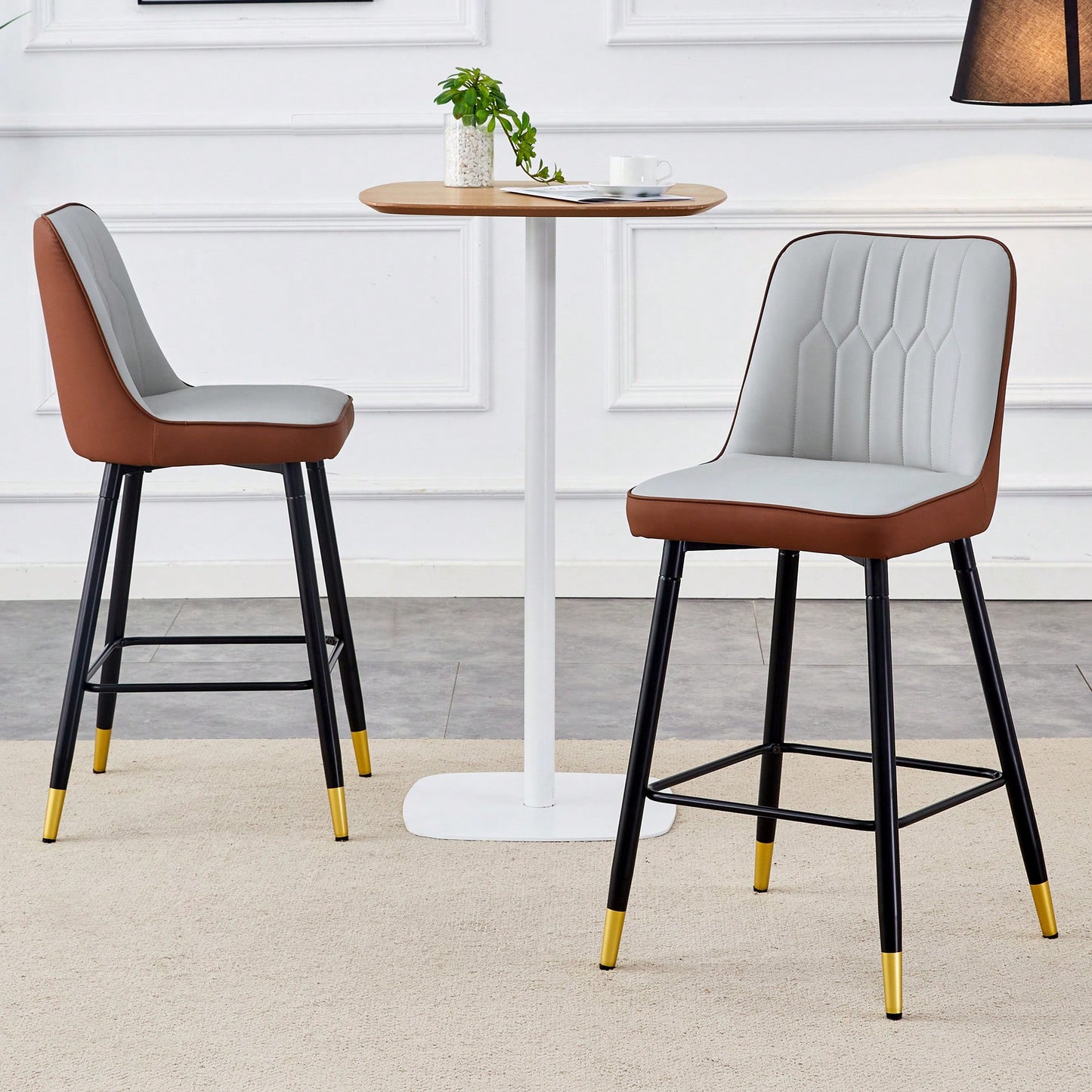 Two-Tone PU Bar Stools Set Of 2 Brown And Light Gray With Gold Decorated Legs And Black Metal Base