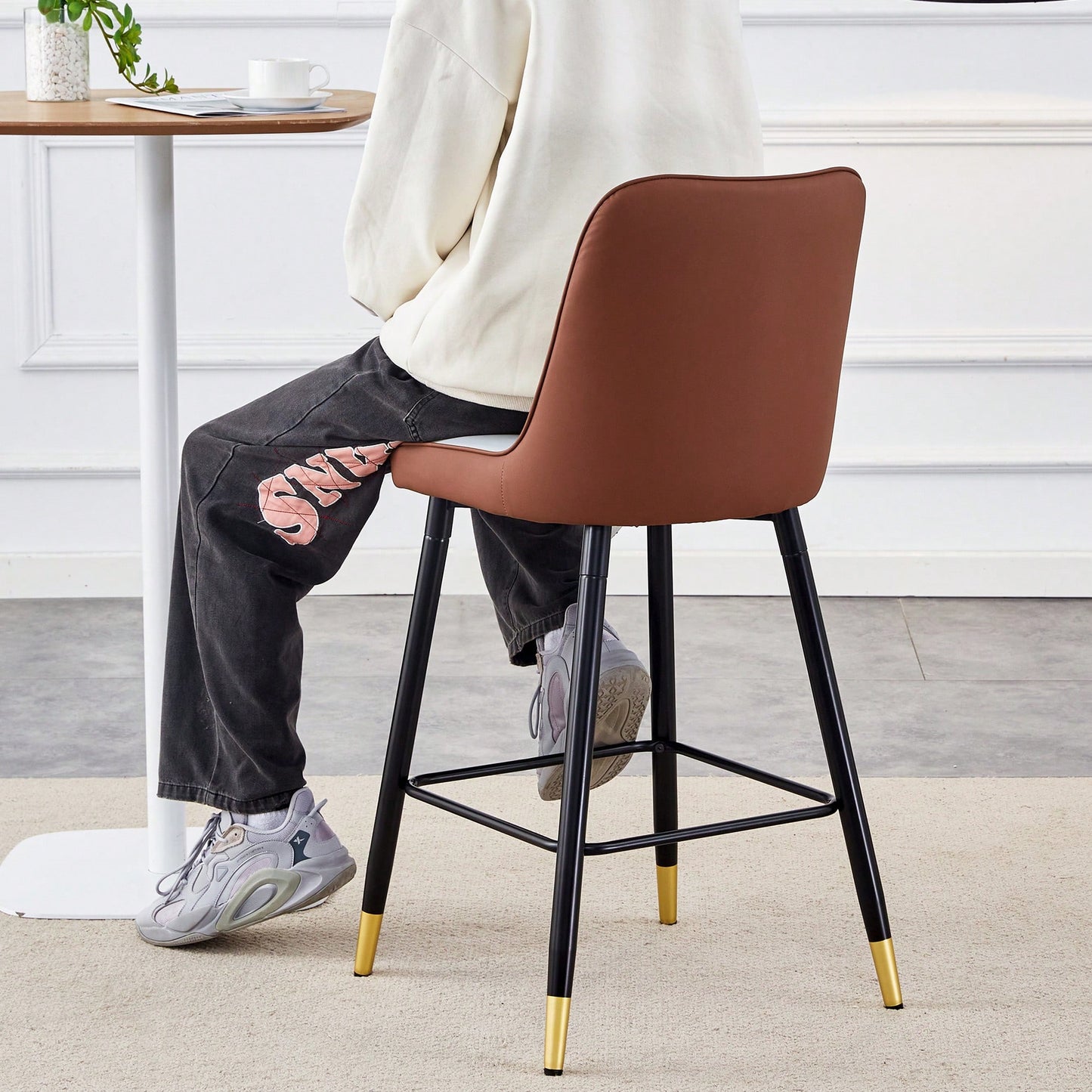 Two-Tone PU Bar Stools Set Of 2 Brown And Light Gray With Gold Decorated Legs And Black Metal Base