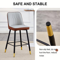 Two-Tone PU Bar Stools Set Of 2 Brown And Light Gray With Gold Decorated Legs And Black Metal Base