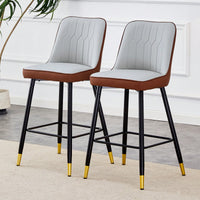 Two-Tone PU Bar Stools Set Of 2 Brown And Light Gray With Gold Decorated Legs And Black Metal Base