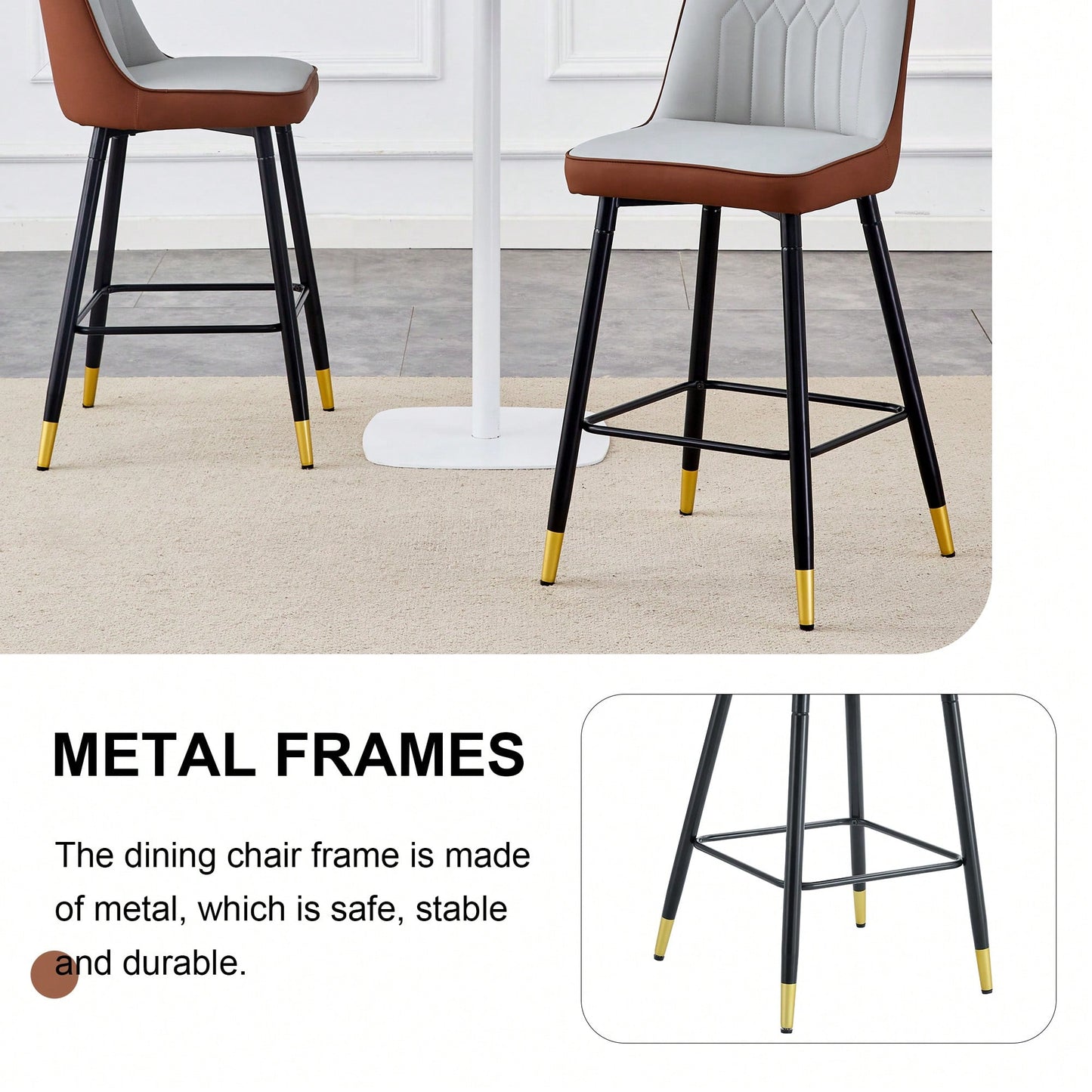 Two-Tone PU Bar Stools Set Of 2 Brown And Light Gray With Gold Decorated Legs And Black Metal Base