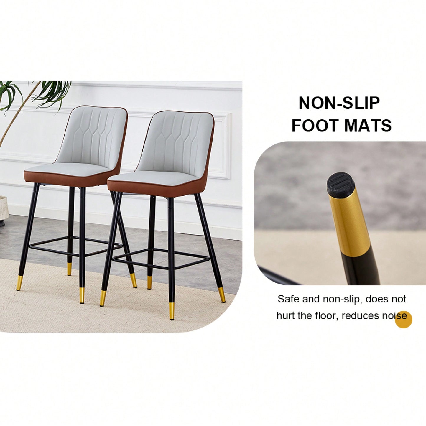 Two-Tone PU Bar Stools Set Of 2 Brown And Light Gray With Gold Decorated Legs And Black Metal Base