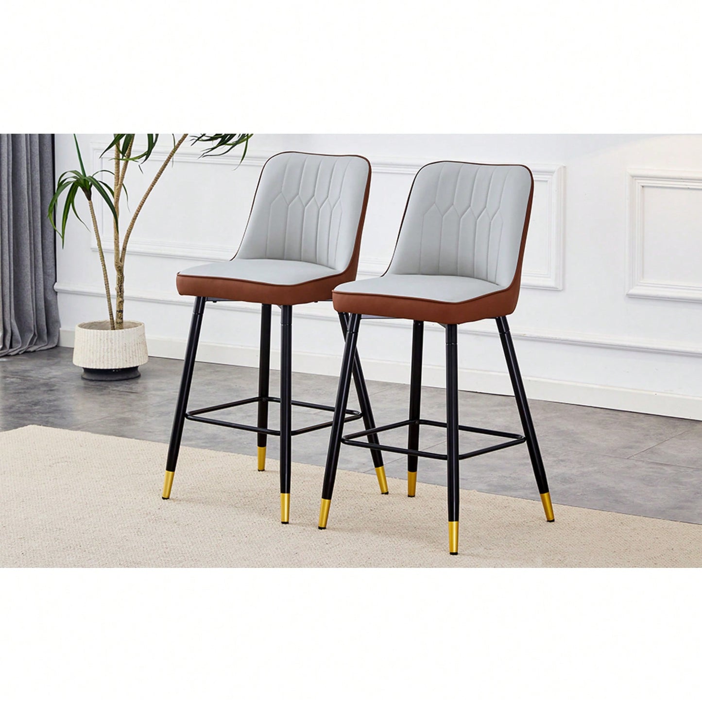 Two-Tone PU Bar Stools Set Of 2 Brown And Light Gray With Gold Decorated Legs And Black Metal Base