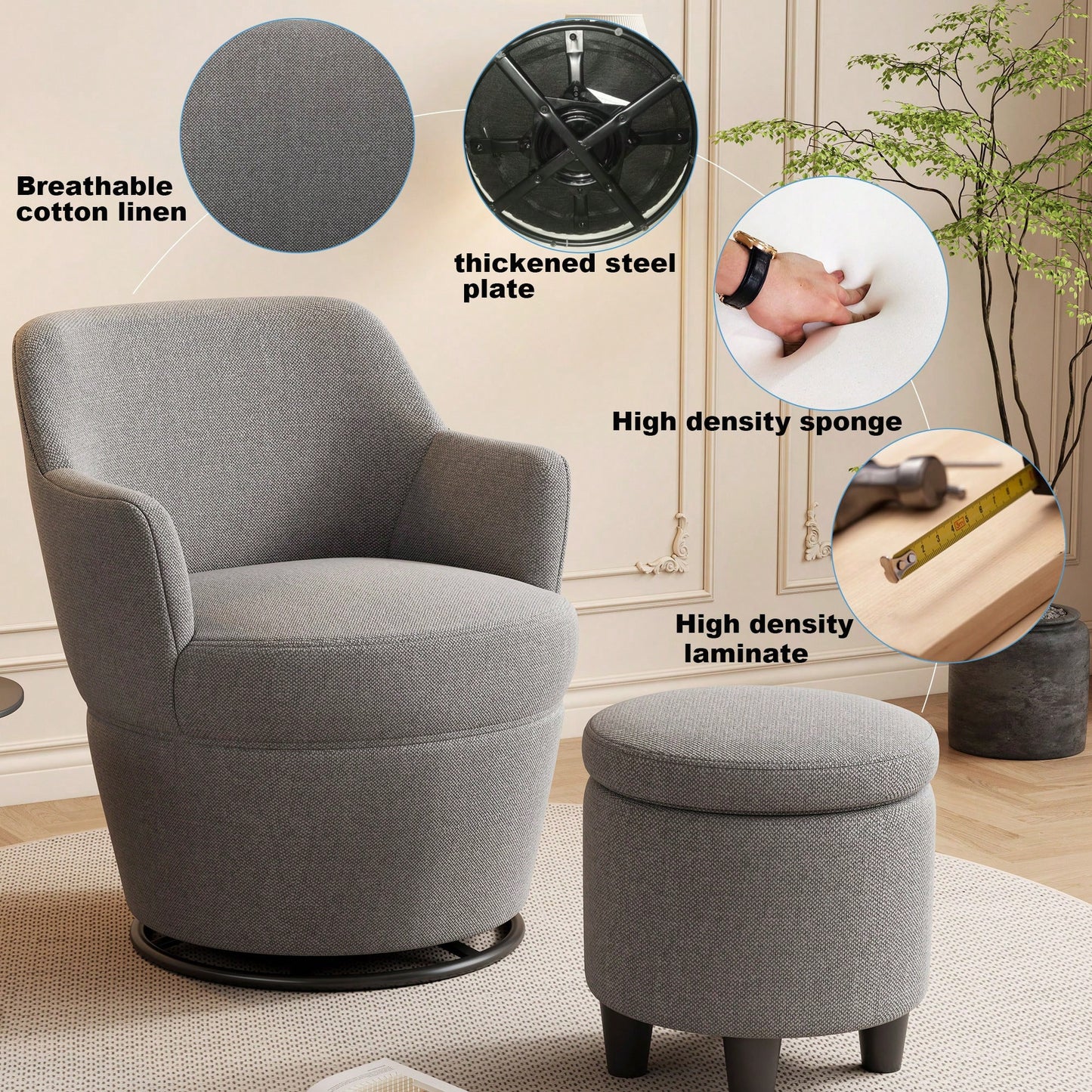 360 Degree Swivel Accent Chair With Ottoman Stylish Lounge Sofa For Living Room Bedroom Vanity Or Nursery Glider Beige Grey Color