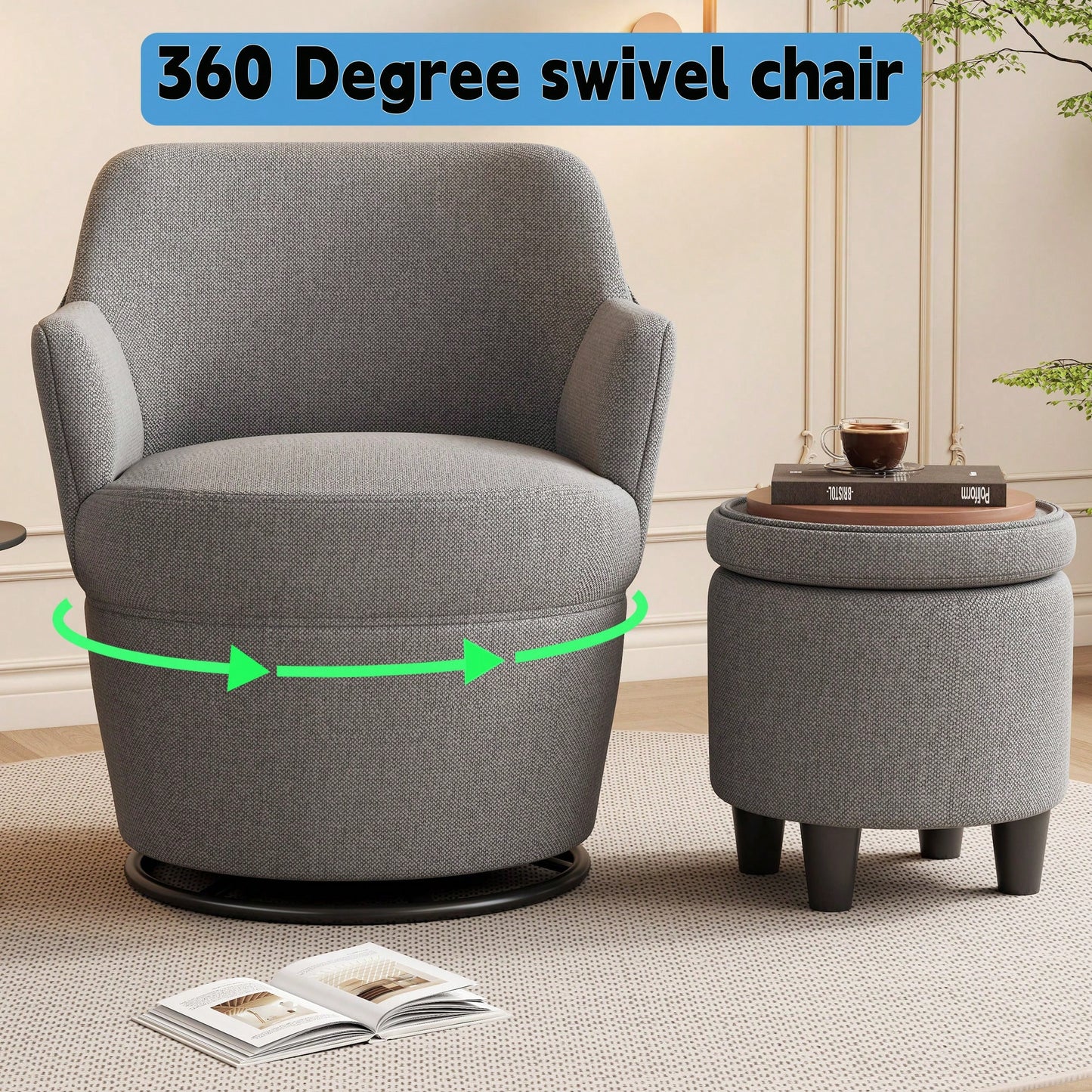 360 Degree Swivel Accent Chair With Ottoman Stylish Lounge Sofa For Living Room Bedroom Vanity Or Nursery Glider Beige Grey Color