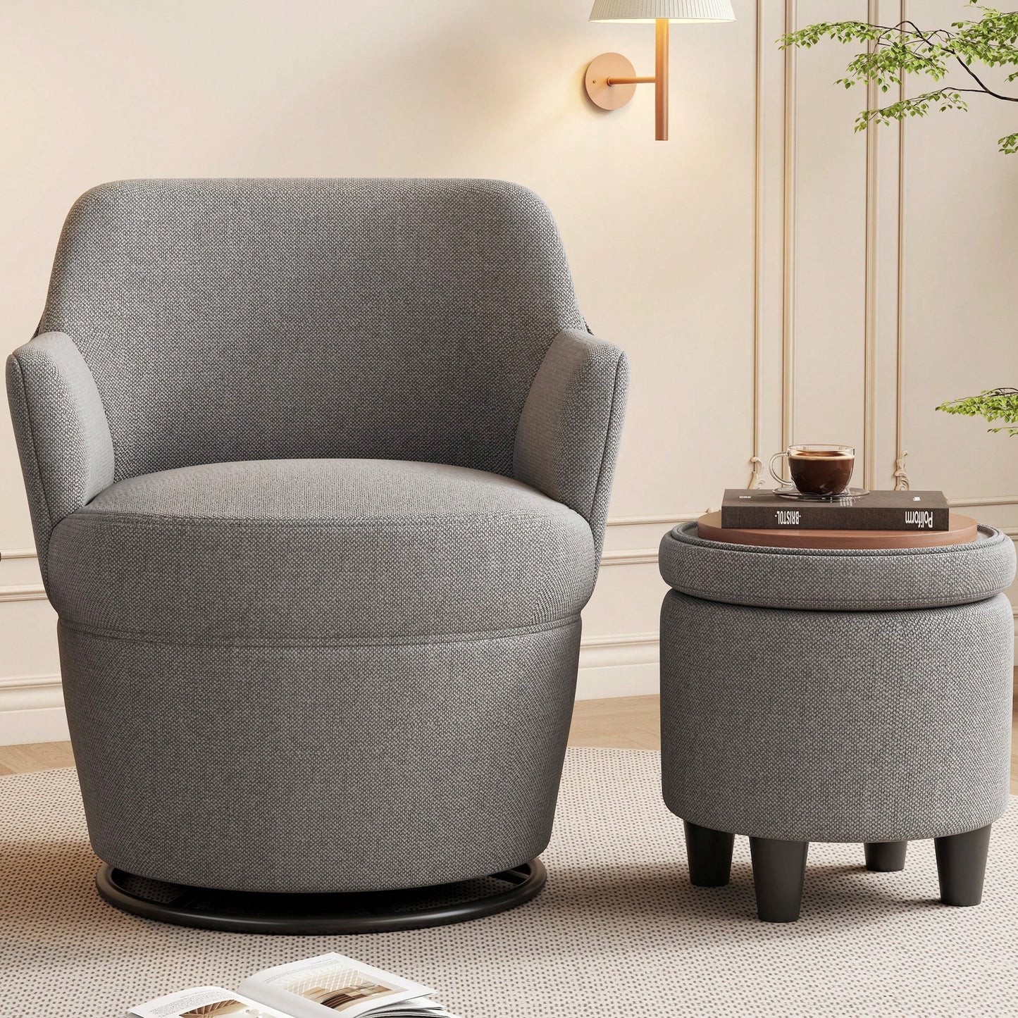 360 Degree Swivel Accent Chair With Ottoman Stylish Lounge Sofa For Living Room Bedroom Vanity Or Nursery Glider Beige Grey Color