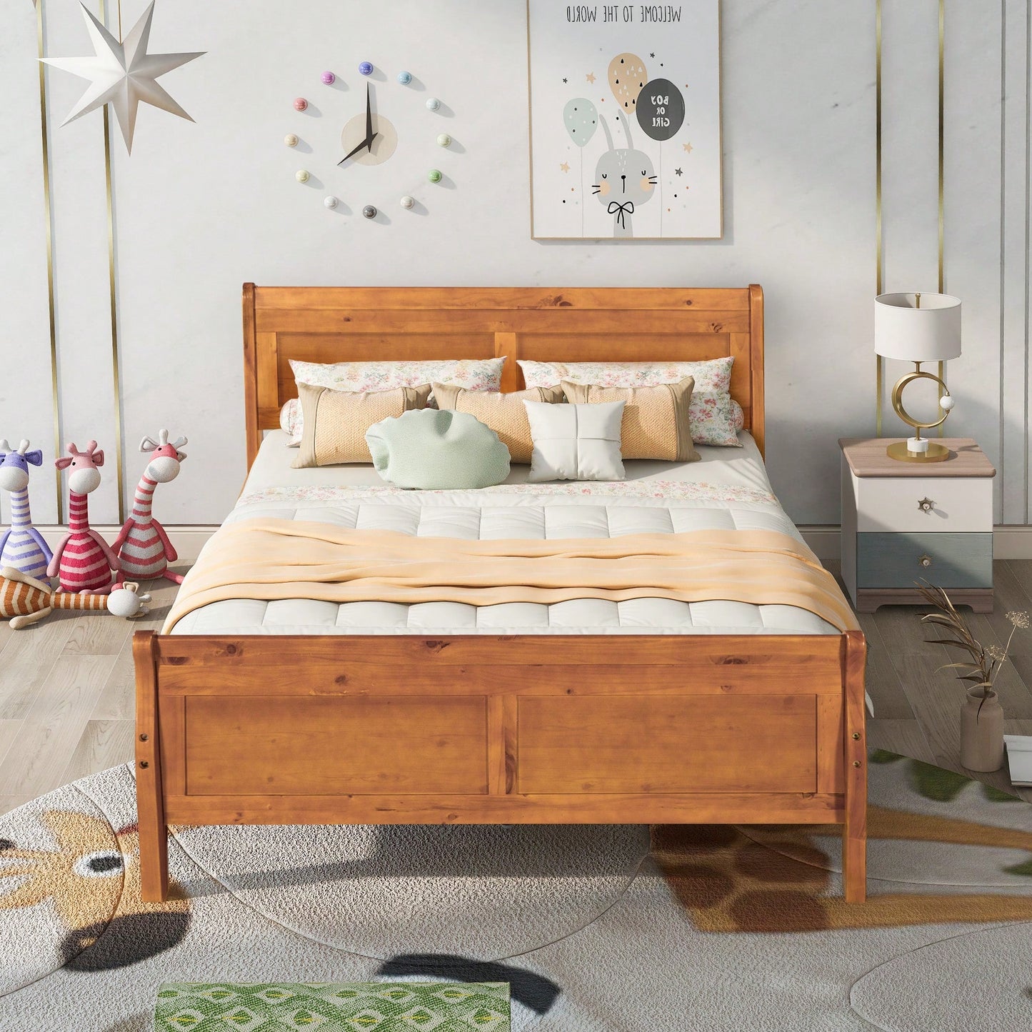 Elegant Full Size Wooden Platform Bed With Headboard And Sturdy Slat Support In Oak Finish