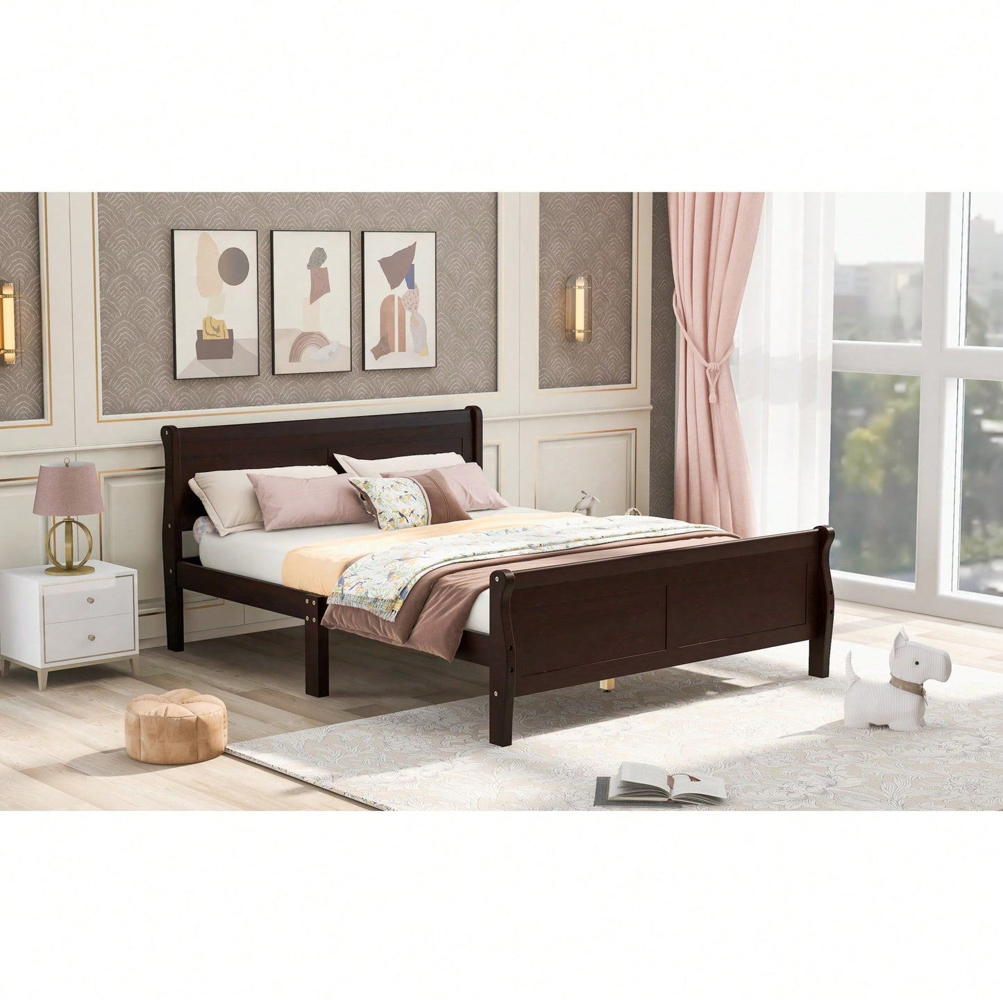 Elegant Full Size Wooden Platform Bed With Headboard And Sturdy Slat Support In Oak Finish