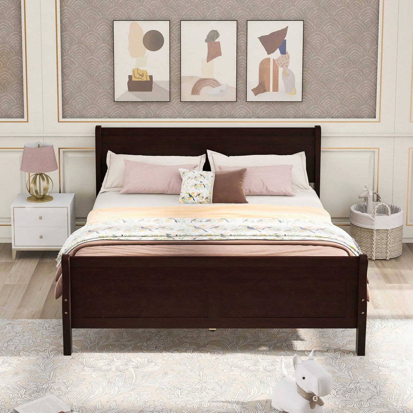 Elegant Full Size Wooden Platform Bed With Headboard And Sturdy Slat Support In Oak Finish