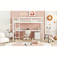 Space-Saving Twin Loft Bed With Desk, Storage Cabinet, Drawers, Guardrails, And Ladder In Grey