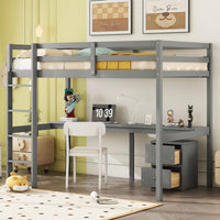Space-Saving Twin Loft Bed With Desk, Storage Cabinet, Drawers, Guardrails, And Ladder In Grey