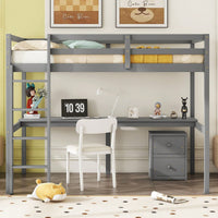 Space-Saving Twin Loft Bed With Desk, Storage Cabinet, Drawers, Guardrails, And Ladder In Grey
