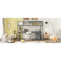 Space-Saving Twin Loft Bed With Desk, Storage Cabinet, Drawers, Guardrails, And Ladder In Grey