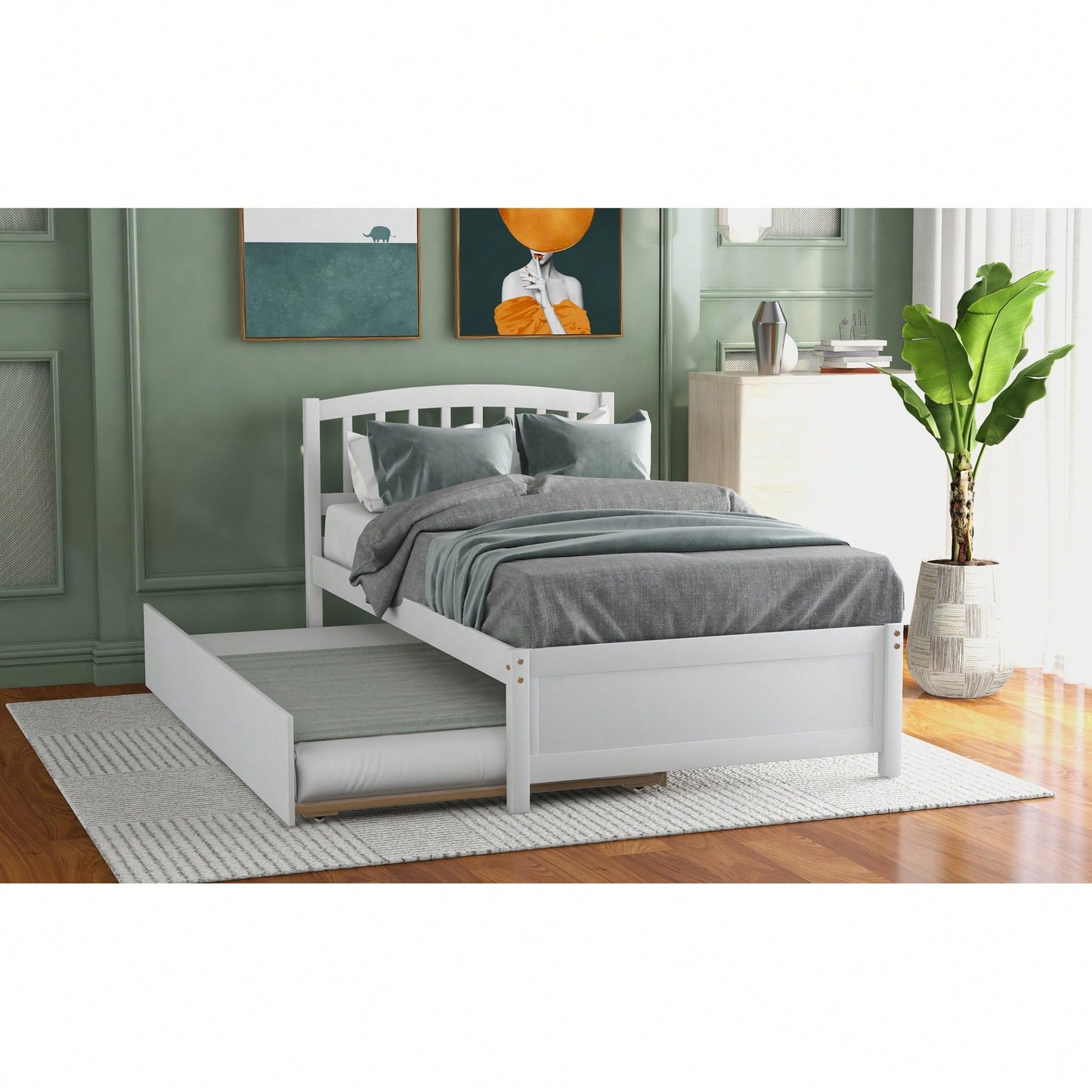 Twin Size Platform Bed Frame With Trundle For Space-Saving Sleep Solutions White