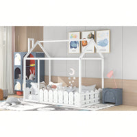 Twin Size Wooden House Bed Frame With Fence For Kids And Teens In Espresso Finish