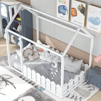 Twin Size Wooden House Bed Frame With Fence For Kids And Teens In Espresso Finish