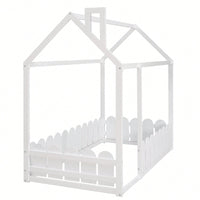 Twin Size Wooden House Bed Frame With Fence For Kids And Teens In Espresso Finish