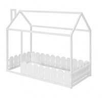 Twin Size Wooden House Bed Frame With Fence For Kids And Teens In Espresso Finish