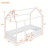 Twin Size Wooden House Bed Frame With Fence For Kids And Teens In Espresso Finish