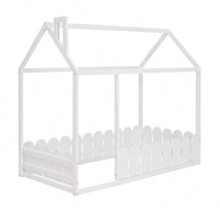 Twin Size Wooden House Bed Frame With Fence For Kids And Teens In Espresso Finish