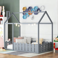 Twin Size Wooden House Bed Frame With Fence For Kids And Teens In Espresso Finish