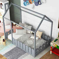 Twin Size Wooden House Bed Frame With Fence For Kids And Teens In Espresso Finish