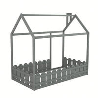 Twin Size Wooden House Bed Frame With Fence For Kids And Teens In Espresso Finish
