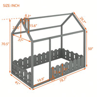 Twin Size Wooden House Bed Frame With Fence For Kids And Teens In Espresso Finish