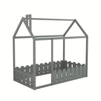Twin Size Wooden House Bed Frame With Fence For Kids And Teens In Espresso Finish