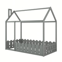 Twin Size Wooden House Bed Frame With Fence For Kids And Teens In Espresso Finish