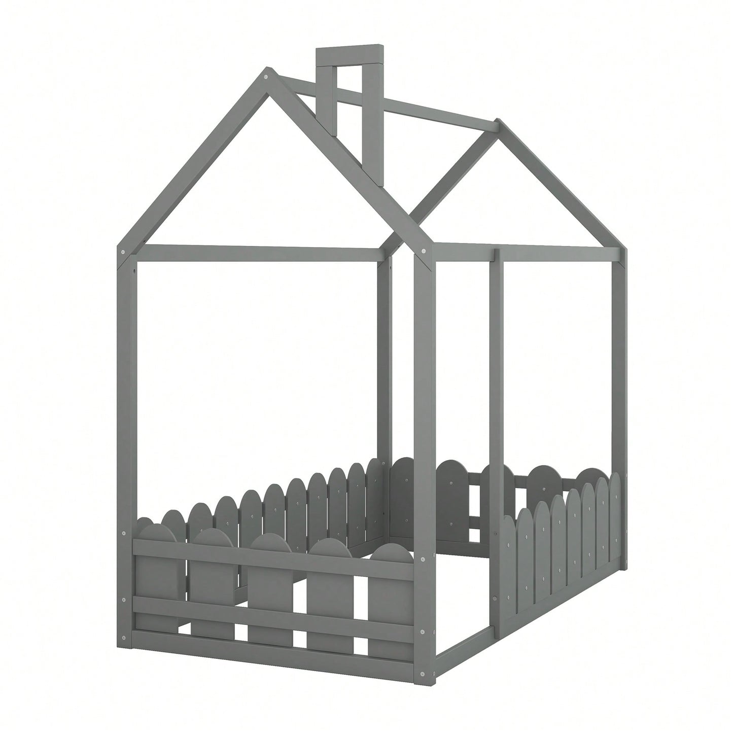Twin Size Wooden House Bed Frame With Fence For Kids And Teens In Espresso Finish