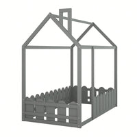 Twin Size Wooden House Bed Frame With Fence For Kids And Teens In Espresso Finish
