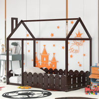 Twin Size Wooden House Bed Frame With Fence For Kids And Teens In Espresso Finish