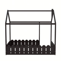 Twin Size Wooden House Bed Frame With Fence For Kids And Teens In Espresso Finish