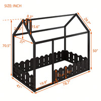 Twin Size Wooden House Bed Frame With Fence For Kids And Teens In Espresso Finish