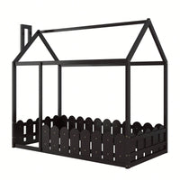 Twin Size Wooden House Bed Frame With Fence For Kids And Teens In Espresso Finish