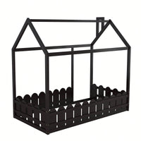 Twin Size Wooden House Bed Frame With Fence For Kids And Teens In Espresso Finish