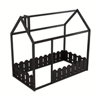 Twin Size Wooden House Bed Frame With Fence For Kids And Teens In Espresso Finish