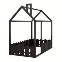 Twin Size Wooden House Bed Frame With Fence For Kids And Teens In Espresso Finish