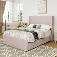 Queen Size Light Grey Corduroy Upholstered Bed Frame With Vertical Stripe Wingback Headboard And High Footboard