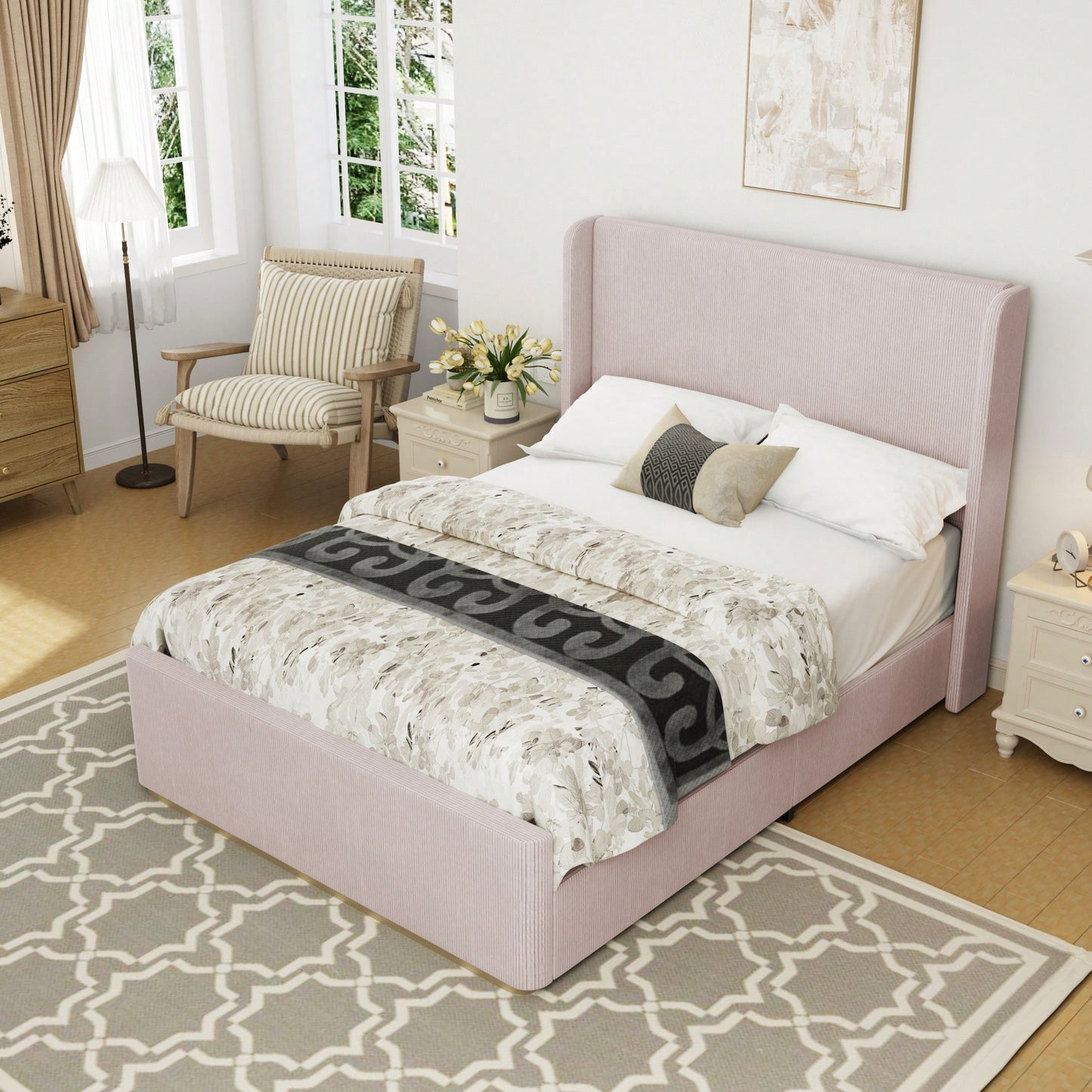 Queen Size Light Grey Corduroy Upholstered Bed Frame With Vertical Stripe Wingback Headboard And High Footboard