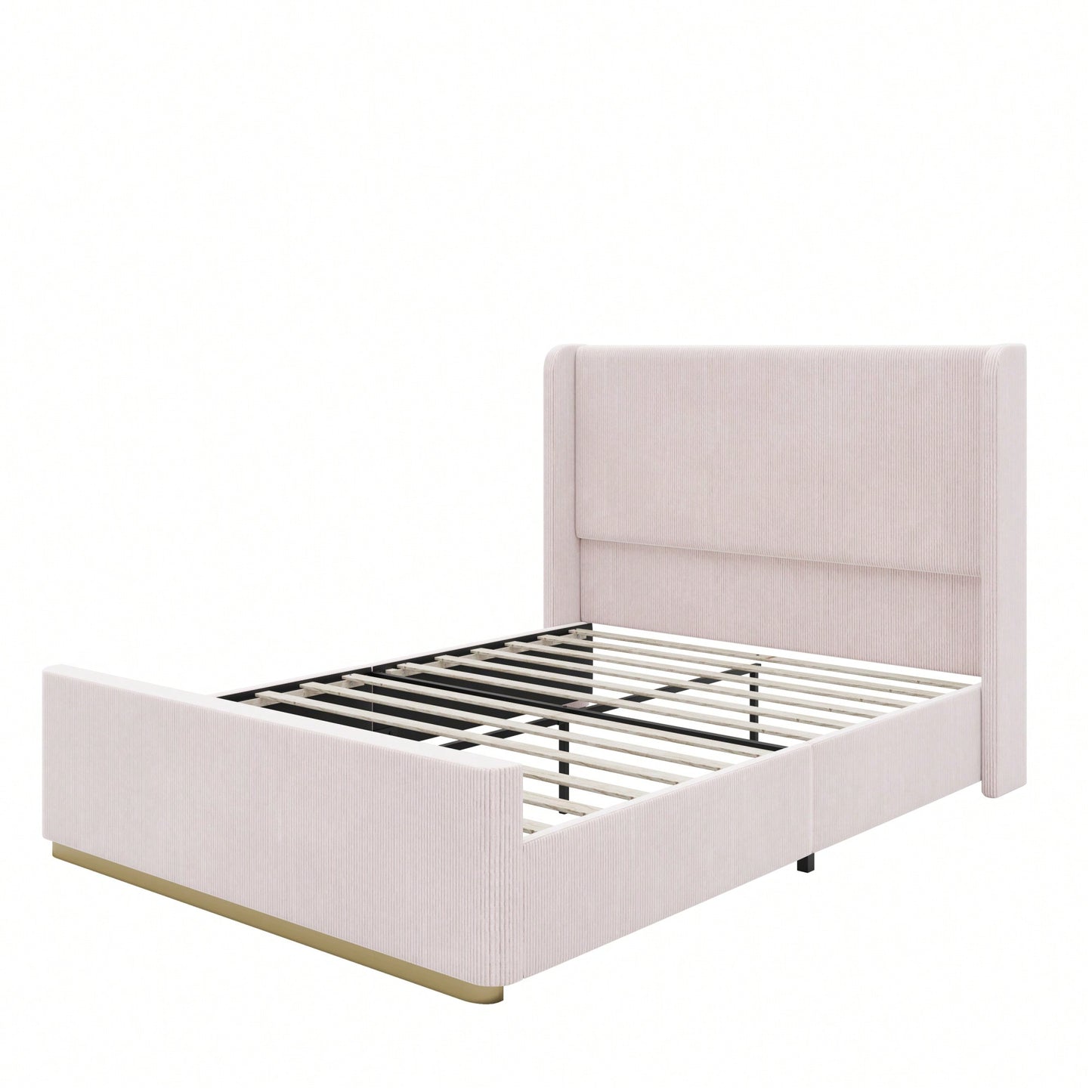 Queen Size Light Grey Corduroy Upholstered Bed Frame With Vertical Stripe Wingback Headboard And High Footboard