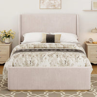 Queen Size Light Grey Corduroy Upholstered Bed Frame With Vertical Stripe Wingback Headboard And High Footboard