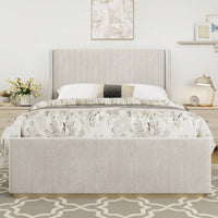 Queen Size Light Grey Corduroy Upholstered Bed Frame With Vertical Stripe Wingback Headboard And High Footboard